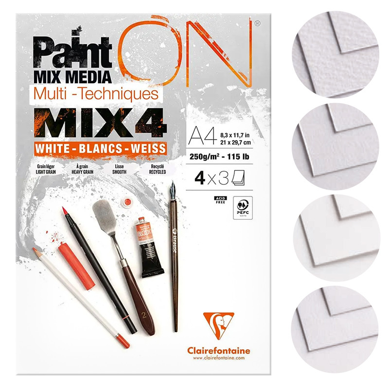 BLOK PAINT ON MIX4 250g, A4, 12 ark (4x3) CLAIREFONTAINE