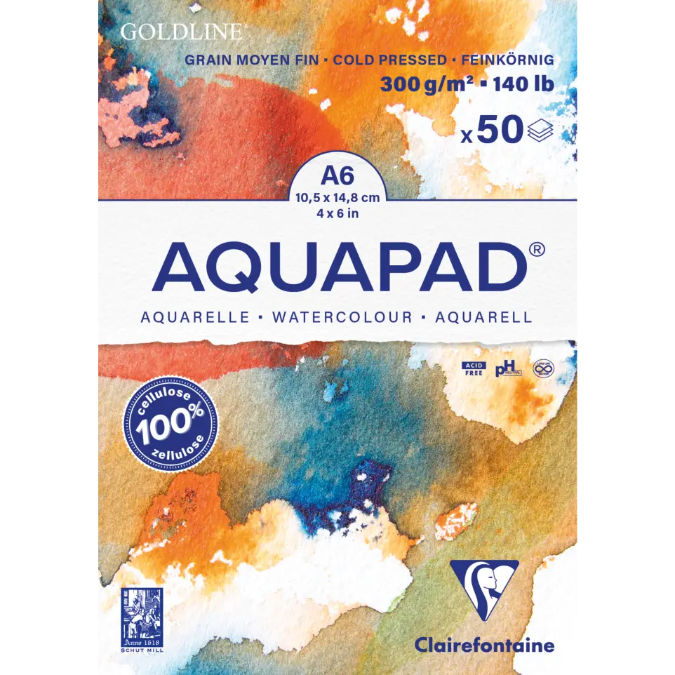 CLAIREFONTAINE GOLDLINE AQUAPAD A6 300G 50 ARK. 100% CELULOZA COLD PRESSED- ŚREDNIOZIARNISTY