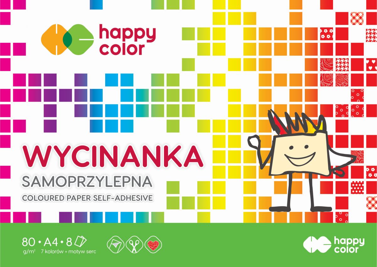 HAPPY COLOR WYCINANKA SAMOPRZYLEPNA 7 KOLORÓW+WZÓR SERC A4